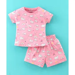 Cucumber Cotton Sinker Knit Half Sleeves Night Suit Horse Print - Baby Pink-picture-36