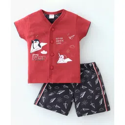 Cucumber Cotton Sinker Knit Half Sleeves Night Suit Penguin Print - Red-picture-37