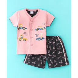 Cucumber Cotton Sinker Knit Half Sleeves Night Suit Race Car Print - Pink & Black-picture-38