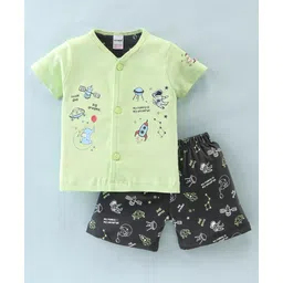 Cucumber Cotton Sinker Knit Half Sleeves Night Suit with Space Theme Print - Green-picture-23
