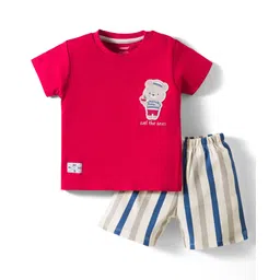 CUCUMBER Interlock Knit Half Sleeves Shorts Night Suit With Animal Embroidery - Red-picture-17