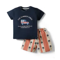 CUCUMBER Interlock Knit Half Sleeves Shorts Night Suit With Vehicle Print - Navy Blue-picture-28