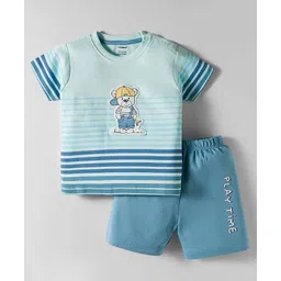 CUCUMBER Interlock Knit Half Sleeves T-Shirt & Shorts Set With Stripes & Animal Patch - Light Blue-picture-24