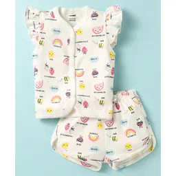 CUCUMBER Sinker Knit Frill Sleeves Shorts Co-ords Night Suit with Tropical Print - White-picture-12