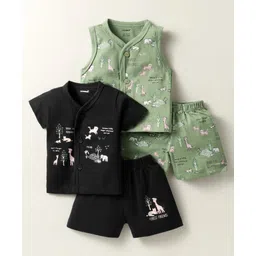 CUCUMBER Sinker Knit Half Sleeves Co-Ord Shorts Night Suit With Animal Print Pack of 2 - Black & Light Green-picture-12