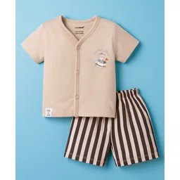 CUCUMBER Sinker Knit Half Sleeves Front Open Shorts Night Suit with Animal Print - Beige-picture-16