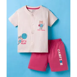 CUCUMBER Sinker Knit Half Sleeves Shorts Night Suit With Animal Print - Baby Pink-picture-23