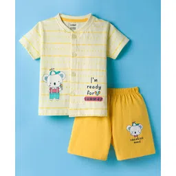 CUCUMBER Sinker Knit Half Sleeves Shorts Night Suit With Animal Print - Lemon-picture-19