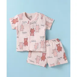 CUCUMBER Sinker Knit Half Sleeves Shorts Night Suit with Bear Print - Pink-picture-20