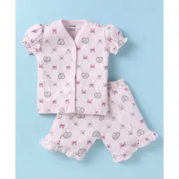 CUCUMBER Sinker Knit Half Sleeves Shorts Night Suit With Rabbit Print - Pink-picture-21