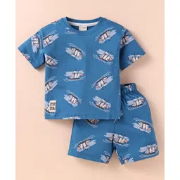 CUCUMBER Sinker Knit Half Sleeves Shorts Night Suit with Wave Hunter Text Print - Navy Blue-picture-12