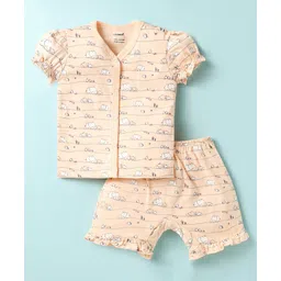 CUCUMBER Sinker Knit Puffed Sleeves Shorts Co-ords Night Suit with Animal Print - Peach-picture-18