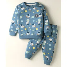 CUCUMBER Terry Knit Full Sleeves Co-ords Night Suit with Space Theme Print - Light Blue-picture-26