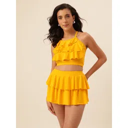 CUKOO Padded Yellow Two piece Skirtini Swimwear Solid Women Tankini Yellow Swimsuit-picture-10