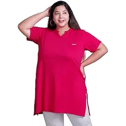 cupid Women's Cotton Plus Size Plain Half Sleeves Long Top for Summer and Semi Summers with One Side Pocket for Ladies Solid T Shirt-picture-34