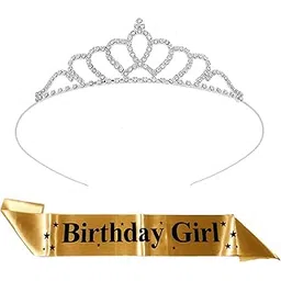 Curated Cart Queen Crown and Gold Satin Birthday Girl Sash Set - Elegant Silver Tiara with Gold Birthday Girl Sash for Women and Girls, Perfect for Parties, Pageants, and Special Occasions-picture-13