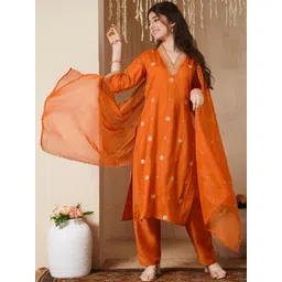 CurlyTales Girls Ethnic Motifs Embroidered Regular Thread Work Kurta with Trousers & With Dupatta-picture-43