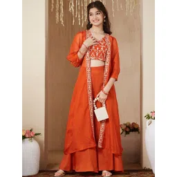 CurlyTales Girls Ethnic Motifs Embroidered Regular Thread Work Kurti with Palazzos-picture-36