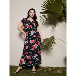 CURVE BY KASSUALLY Plus Size Black Floral Print V-Neck Ruched Crepe Wrap Dress-picture-12