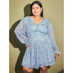 CURVE BY KASSUALLY V Neck Floral Print Long Puff Sleeve Fit & Flare Plus Size Dress-picture-38