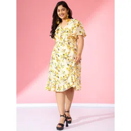 CURVE BY KASSUALLY Yellow Floral Printed Ruffles Flared Sleeve A-Line Dress-picture-33