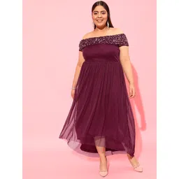 CURVY STREET Burgundy Plus Size Off-Shoulder Net Dress-picture-42