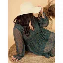 CURVY STREET Plus Size Abstract Printed Bell Sleeve Georgette Fit & Flare Dress-picture-34