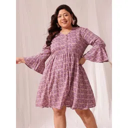 CURVY STREET Plus Size Floral Printed Bell Sleeve Fit & Flare Dress-picture-30