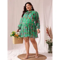 CURVY STREET Plus Size Floral Printed Puff Sleeve A-Line Dress-picture-18