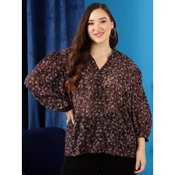 CURVY STREET Plus Size Floral Printed V-Neck Bell Sleeves Ruffled Shirt Style Top-picture-18