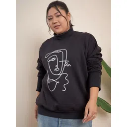 CURVY STREET Plus Size Graphic Printed Turtle Neck Pure Cotton Pullover-picture-27