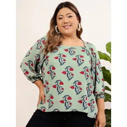 CURVY STREET Plus Size Green Floral Printed Top-picture-31