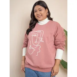 CURVY STREET Plus Size Pink Graphic Printed High Neck Cotton Pullover Sweatshirt-picture-18