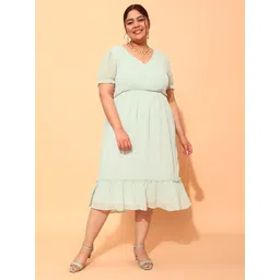 CURVY STREET Plus Size Sea Green & Black Polka Dot Printed Puff Sleeve A-Line Dress-picture-15