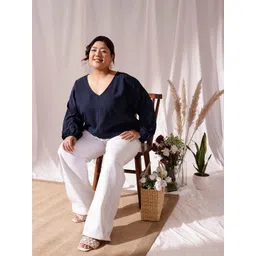 CURVY STREET Plus Size Self Design V-Neck Puff Sleeves Regular Top-picture-12