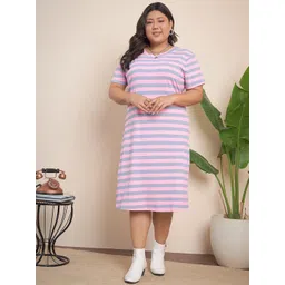 CURVY STREET Plus Size Striped Round Neck Short Sleeves T-shirt Dress-picture-11