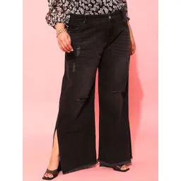 CURVY STREET Plus Size Women Charcoal Comfort Low Distress Pure Cotton Flared Jeans-picture-28