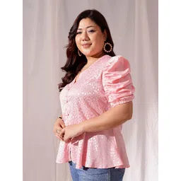 CURVY STREET V-Neck Puff Sleeves Jacquard satin A-Line Top image 4