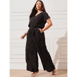 CURVY STREET V-Neck Short Sleeves Waist Tie-Ups Culotte Jumpsuit-picture-31