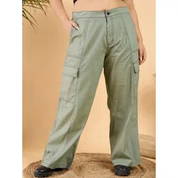 CURVY STREET Women Plus Size Green Loose Fit Mid-Rise Plain Wide Leg Cotton Trousers-picture-12