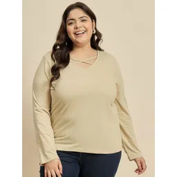 CURVY STREET Women Solid V-Neck Cotton Plus Size T-shirt-picture-35