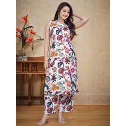 CushionCue Women Sleeveless Floral Printed Kurta & Trousers Co-ords Set-picture-38
