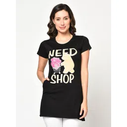 CUSHYBEE Women Navy Blue & Yellow Typography Printed Cotton Longline Lounge T-shirt-picture-26