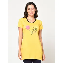 CUSHYBEE Women Yellow Printed Cotton Longline T-shirt-picture-10