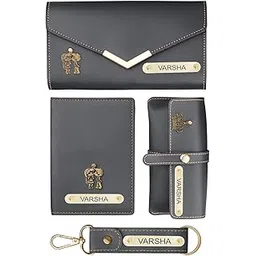 custom Mahajan Creation Personalized Leather Clutch, Passport Cover, Keychain & Eyewear Case Set | Customizable Gift for Wife, Girlfriend, Sister, or Mother | Stylish Travel Accessories for Women (Grey)-picture-37