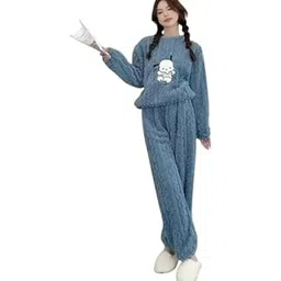 Cute Cartoon Printed Design Women Pajama Set Soft Warm Fleece Sweatsuit Sets for Winter Free Size (28 Till 34) Blue-picture-42