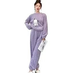 Cute Cartoon Printed Design Women Pajama Set Soft Warm Fleece Sweatsuit Sets for Winter Free Size (28 Till 34) Purple-picture-17