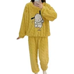 Cute Cartoon Printed Design Women Pajama Set Soft Warm Fleece Sweatsuit Sets for Winter Free Size (28 Till 34) Yellow-picture-20