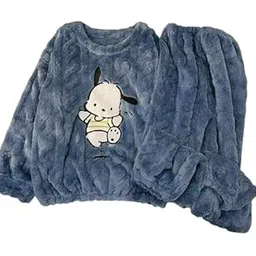 Cute Cartoon Printed Design Women Soft and Warm Fleece Two-Piece Set Free Size (28 Till 34) Blue-picture-33