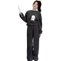 Cute Cartoon Printed Design Women Soft and Warm Fleece Two-Piece Set Free Size (28 Till 34) Grey-picture-28